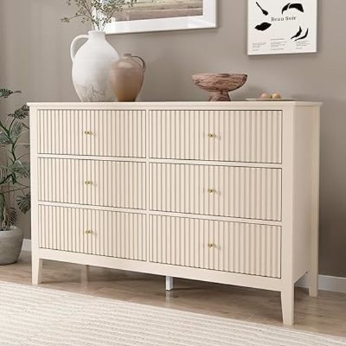 Beige Dresser for Bedroom, Fluted Chest of Drawers with Storage, Modern Wide Storage Dressers with Paint Design Top, Wood Drawer Organizer with 6 Drawers Dresser, Hallway, Entryway