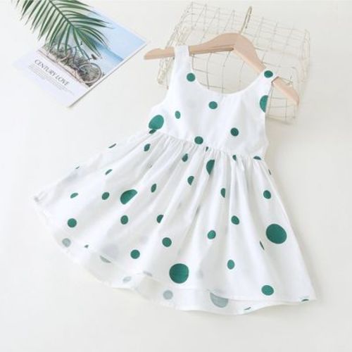 MyKids-USA Baby Girls Polka Dot Pattern Sleeveless Round Collar Dress With Bow Decoration