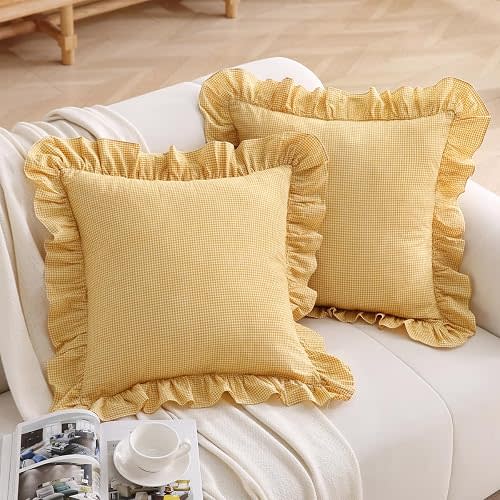 Silnuo Mustard Plaid Gingham Ruffle Throw Pillow Covers 18x18 inches