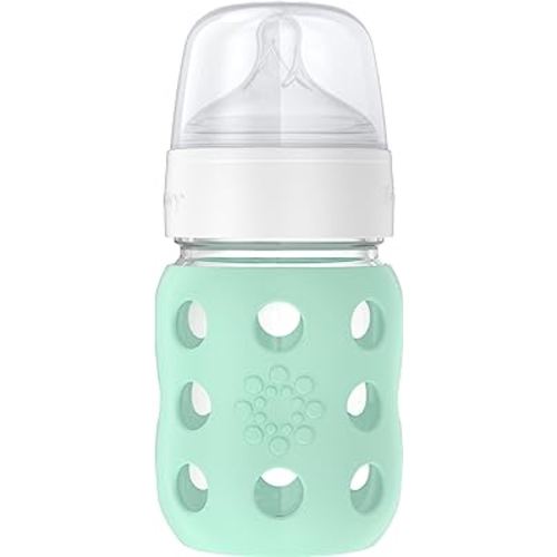 Lifefactory 8-Ounce Wide Neck Glass Baby Bottle with Protective Silicone Sleeve and Stage 2 Nipple, Mint (LG2211WMI4)