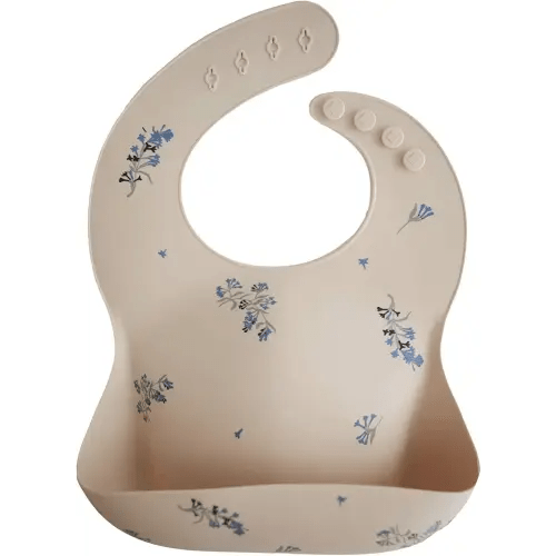 mushie Silicone Baby Bib | Adjustable Fit Waterproof Bibs (Lilac Flowers)