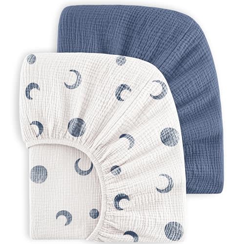 Bearmoss Muslin Crib Sheets 100% Cotton Baby Crib Sheets Soft&Breathable Nursery Sheet 52"x28" for Standard Crib Mattress&Toddler Bed Mattress - 2 Pack (Blue Crescent)