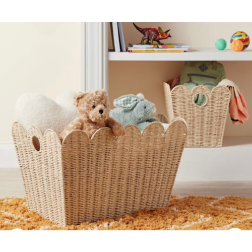 Large Woven Scallop Kids' Storage - Pillowfort™: Handwoven Iron Basket with Handles, Off-White, 12"x14"
