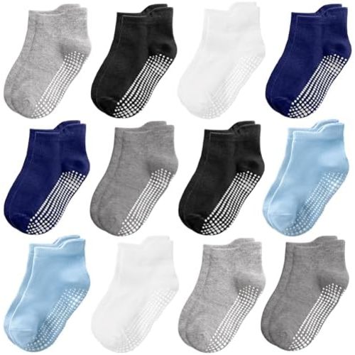Tphon Non Slip Toddler Socks 12 Pairs Kids Grip Sock for Boys Girls Baby Ankle Socks with Gripper for 6-12 month baby