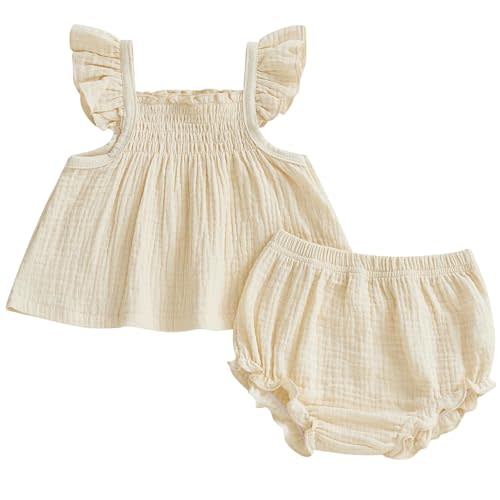 Mubineo Baby Girl Summer Clothes Cute Basic Plain Cotton Linen Ruffle Tops Dress Shorts Outfits Set Shirt Princess Outfit