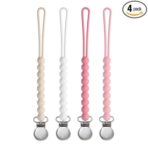 Pacifier Clip for Boys Girls - MORIBOX 4 Pack Paci Clip Soothie Baby Binky Holder for Shower Gift Birthday (Beige+White+Pink+Dpink)