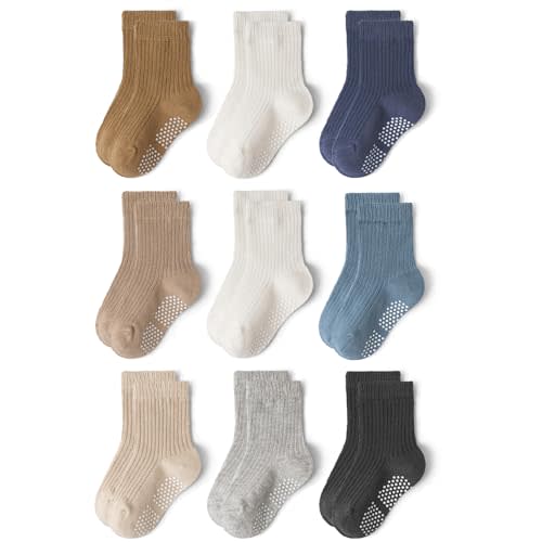 Bearbay 9 Pairs Toddler Non Slip Cotton Crew Socks with Anti-slip Dots for Infant Baby Boys Girls
