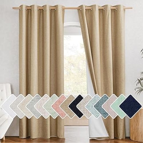 NICETOWN 100% Absolutely Blackout Linen Curtains with Thermal Insulated White Liner, Camel, W52 x L84, 2 Panels, Long Curtains 84 inch Length for Patio Door, Doorway, Office, Overnight Shiftworker