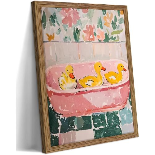 Framed Funny Bathroom Wall Art Decor, Yellow Duck in Pink Bathtub Canvas Wall Decor Painting, Cute Whimsical Animal Poster Print Picture for Girls Bathroom Nursery 16x24 Inch