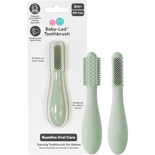 ezpz Baby-Led Toothbrush (Sage) - 3 Months + - 100% Silicone Infant Toothbrush with Sensory Bumps - Cleans Gums + New Teeth - Improves Hand-to-Mouth Coordination, Self-Feeding Skills