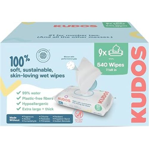 Kudos Unscented Baby Wipes Bulk, 99% Water, Plant-Based, 540 Ct (9 x 60)