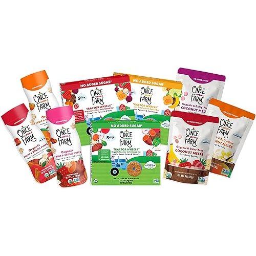 Once Upon a Farm Organic Baby & Toddler Snack Sampler, Puffs, Coconut Melts, Tractor Wheels, Made with Real Fruit & Veggies, No Added Sugar, Non-GMO, 9 Count
