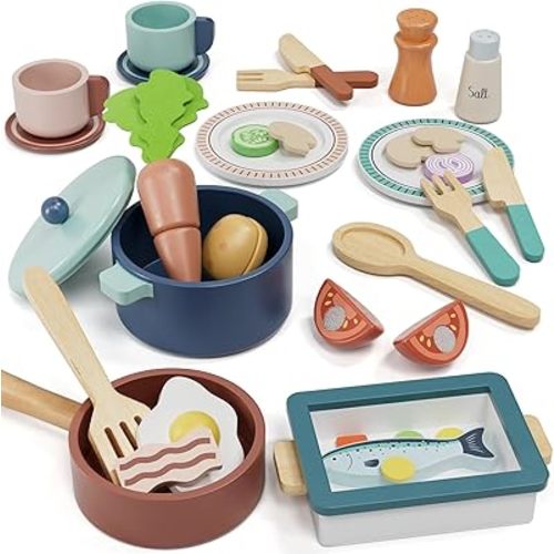 Lehoo Castle Wooden Play Kitchen Accessories, Pots and Pans Set for Kids 3+