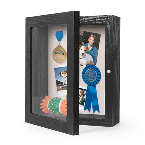 HOUSE DAY Shadow Box Frame 8x10, Front Open Magnetic Shadow Boxes Display Cases with Linen Back, Pins, for Photos or 3D Itmes Under 6x8, Tabletop or Wall Mount Display Case for Memorabilia, Black