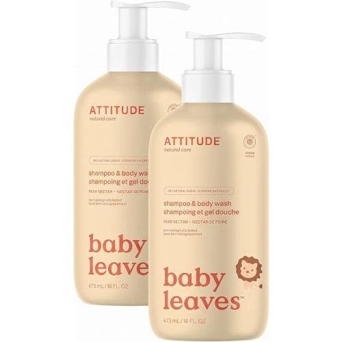 ATTITUDE 2-in-1 Shampoo and Body Wash for Baby, EWG Verified, Dermatologically Tested, Vegan, Pear Nectar, 16 Fl Oz, (Pack of 2)