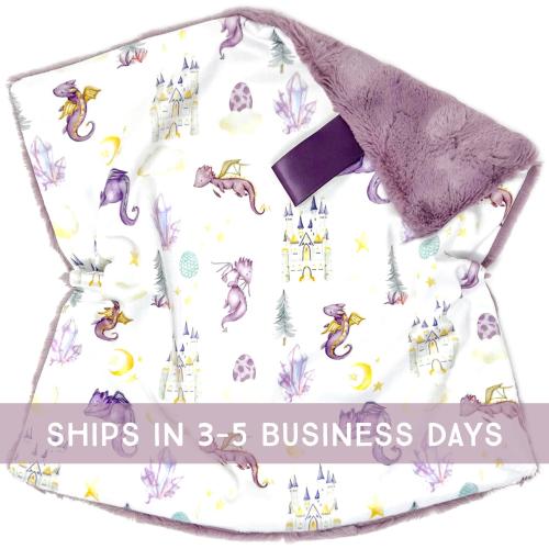 Lovey: Purple Dragon Princess. Lavender. Cute Dragons. Castle. Moons. Crystals. Lovie. Minky. Soft. Cuddly. Girl. Yellow. Baby Gift. PYO.
