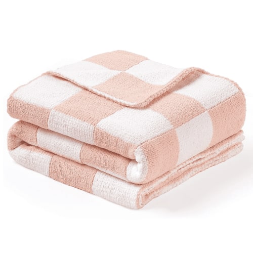 CREVENT Warm Soft Girls Pink Checked Chenille Knitted Baby Receiving Blanket