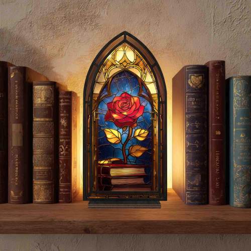 Beauty and The Beast Inspired Enchanted Rose Suncatcher Candle Holder, Belle Princess Bookshelf Decor, Fairy Room Decor, Book Lover Gift