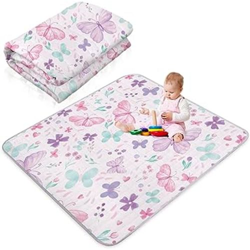 Funtery 43 x 43 Inch Boho Baby Play Mat Portable Crawling Washable Foldable Tummy Time Non Slip Baby Floor Large Playpen Mat for Infants Toddlers Floor Playpen Activity(Butterfly)