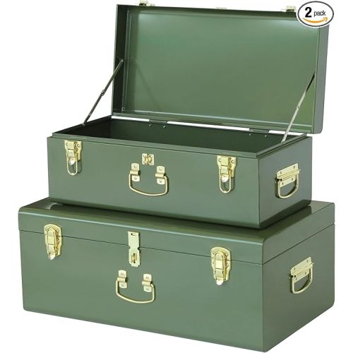 Metal Trunk Decorative Storage Box Set of 2 College Dorm Chest with Handle (Green)