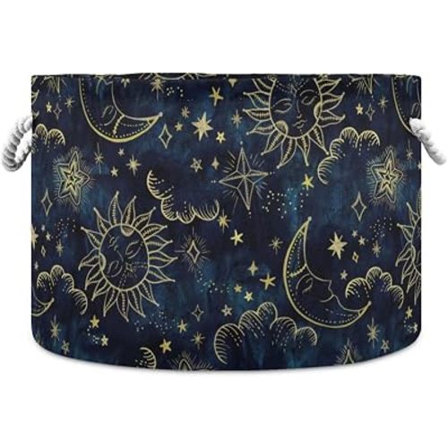 Vintage Sun Stars Moon Sky Print Round Storage Basket Celestial Large Laundry Hamper 20 x 20 x 14 Inches Organizer Bin with Handles Clothes Storage Bag for Nursery Bedroom Living Room Decor