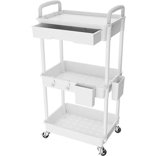 3 Tier Rolling Utility Cart with Drawer,REBECAT Utility Cart Made of Multifunctional Storage Organizer Tool for Kitchen,Bathroom,Living Room,Office(White)