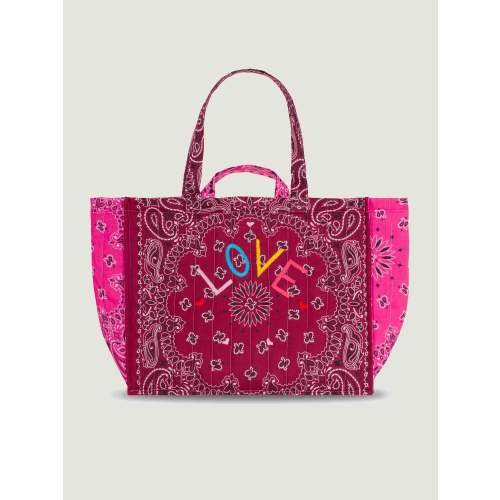 Quilted Maxi Cabas Tote - LOVE - Burgundy / Fuchsia