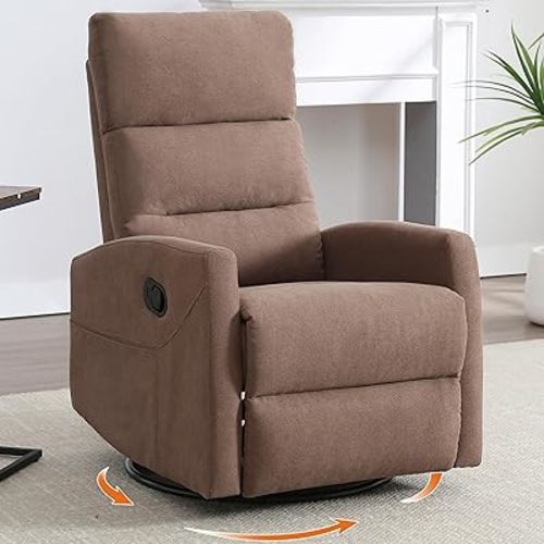 360° Swivel Rocking Chair for Nursery, Manual Glider Chair Nursing Chair with Side Pockets, Polyester Glider for Living Room, Heavy Duty Motion Mechanism, Brown