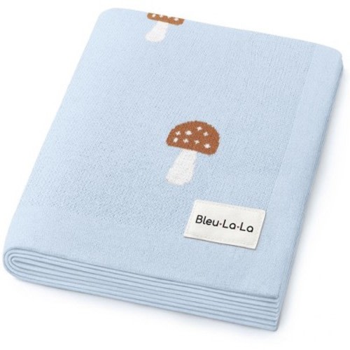 Bleu La La 100% Luxury Cotton Soft Knit Swaddle Baby Blanket for Blanket for Newborns and Infants Boys and Girls - Mushroom - Blue