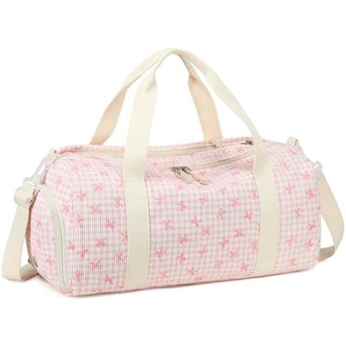 LEDAOU Kids Duffle Bag Girls Overnight Travel Sport Gym Bag Weekender Carry On Shoulder Dance Bag with Shoe Compartment & Wet Pocket (Pink Bow Checkered)