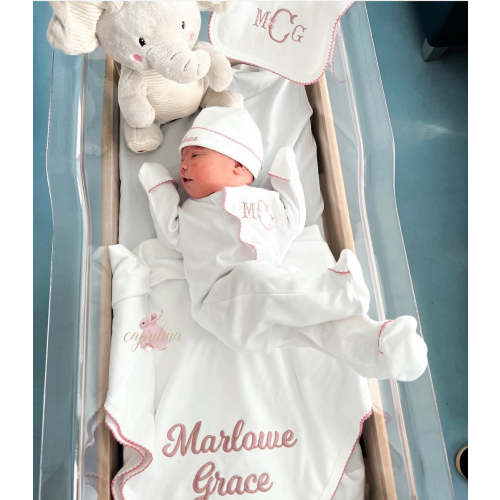 White with Mauve Trim Baby Footie – Newborn Coming-Home Outfit – Caprilina