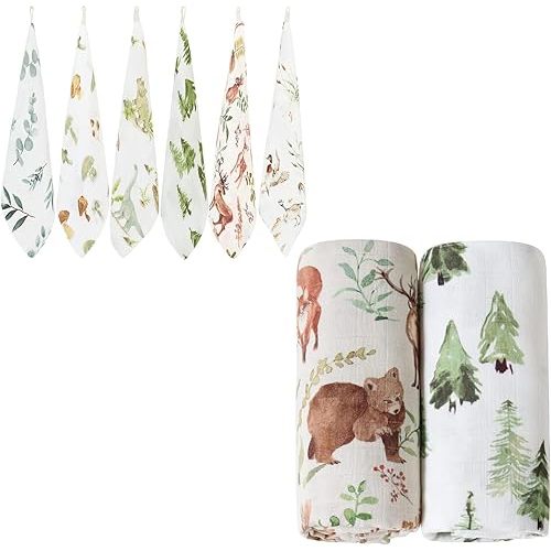 LifeTree Muslin Swaddle Blankets Neutral, Baby Washcloths Woodland Swaddling Wrap Nursery Receiving Blanket for Boys & Girls