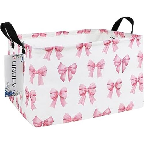 Rectangular Pink Bow Storage Basket,Collapsible Storage Bin for Nursery,Cute Bow Toy Storage Organizer for Kids Girls,for Home,Bedroom,Playroom,Closet,New Parent Gift(Pink Knot)