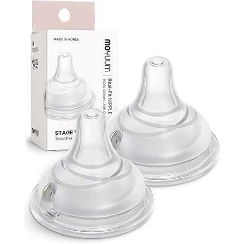 Moyuum Real-Fit Silicone Nipple for 3rd Gen Bottles, Slow Flow (Stage 1-1m+), Made in Korea - Perfect for Newborn, Anti-Colic Feed, Easy to Latch, from Breast to Bottle Transition | 2 Pack
