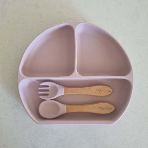 Silicone divided suction plate and cutlery set - 3 section baby / toddler feeding kit