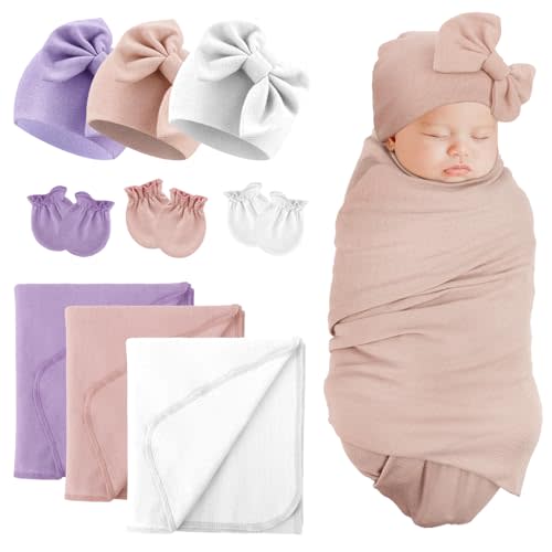 DRESHOW BQUBO Newborn Receiving Blankets Cotton Warm Sleepsack with Mittens & Bow Hats Hospital Baby Swaddling Shower Gift
