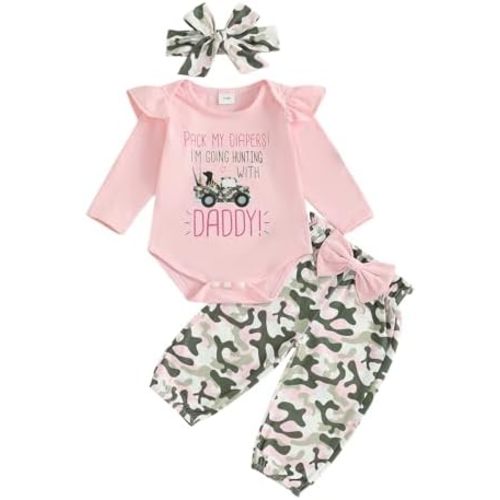Fall Outfit Newborn Baby Girl Clothes Ruffle Long Sleeve Romper Camouflage Pants Headband Hunting Clothes
