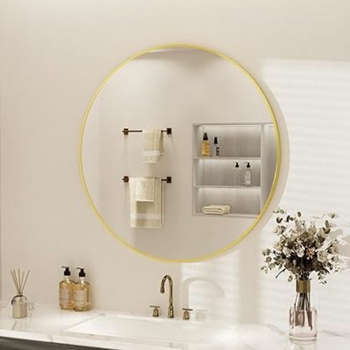 Round Bathroom Mirror 20 inch, Gold Framed Tempered Glass Circle Wall Mirrors, Circular Hanging Wall Mounted Aluminum Alloy Frame for Living Room,Vanity,Entryway