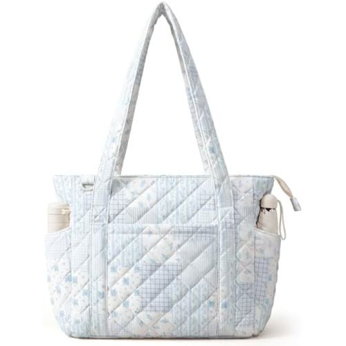 WOBAGMEN Quilted Tote Bag for Women, Floral Quilted Tote Bag with Zipper, Cute Shoulder Bag for Work, Travel, Gym