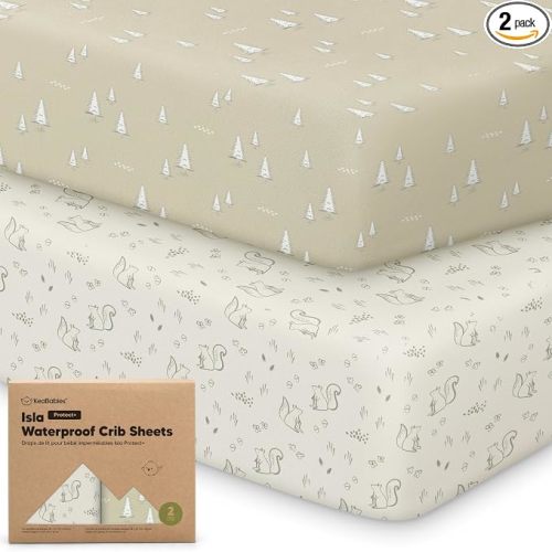 2-Pack Waterproof Baby Crib Sheets for Boys, Girls - 52x28 Viscose Derived from Bamboo Toddler Bed Sheet Neutral, Fitted Crib Mattress Protector Cover for Baby Bedding, Soft & Gentle (Pine Grove)