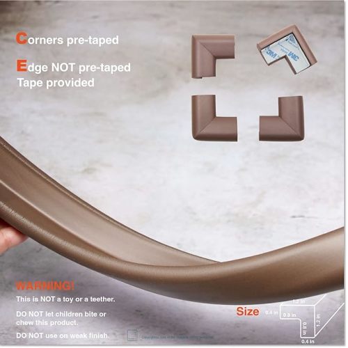 Roving Cove Edge Corner Protector Baby Proofing (Large 15ft Edge 4 Corners) - Hefty-Fit Heavy-Duty, Soft NBR Rubber Foam, Furniture Fireplace Safety Bumper Guard, 3M Adhesive, Coffee Brown - 15 feet
