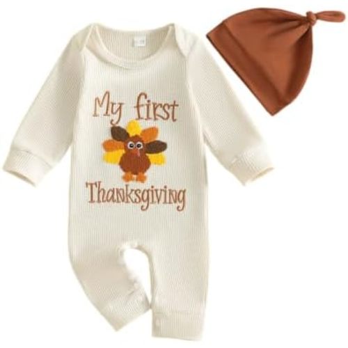 Newborn Baby Boy Clothes Thanksgiving Long Sleeve One Piece Jumpsuit Hat