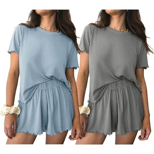 Ekouaer 2 Packs Womens Pajama Set Short Sleeve Sleepwear Soft Top and Shorts Pjs Casual Outfits Lounge Set with Pockets