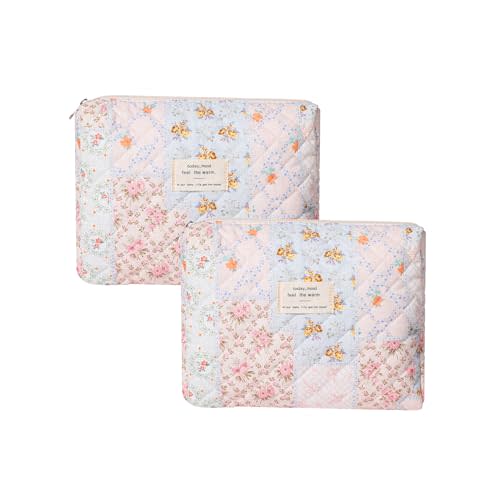 uekeboag 2Pcs Quilted Cotton Makeup Bag, Cosmetic Bag(06Pink Flower) | Large Soft Floral Travel Toiletry Bag for Women and Girls, Baby Diapers ,Snacks ,Travel Essentials Organizer Bag