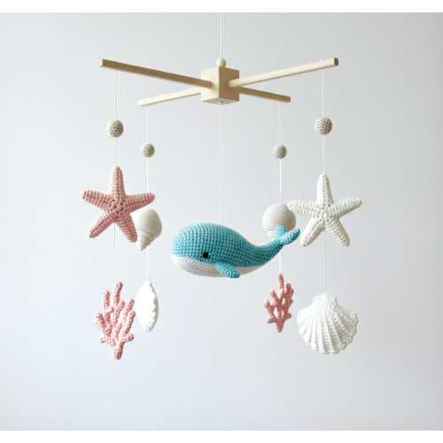 Blue Whale Nursery Mobile – Baby Crib Mobile, Gender Neutral Baby Mobile, Ocean Hanging Mobile, Corals and Seashells Baby Shower Gift