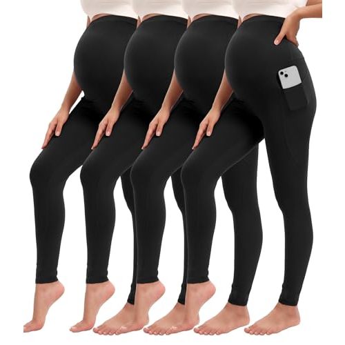 Siimcuzy 4 Pack Women’s Maternity Leggings with Pockets Over The Belly Pregnancy Workout Yoga Pants Activewear