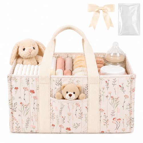 Floral Diaper Caddy Organizer, Nursery Storage Basket with Gift Bag | Portable Baby Essentials Organizer with Removable Dividers & Handle, Newborn Must Haves, Baby Shower Gifts for New Moms