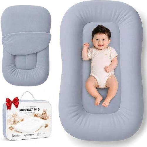 Amazon.com : Baby Lounger for Newborns 0-24 Months - Baby Essentials | Soft Breathable Cotton Infant Support Cushion for Tummy Time & Play, Portable Infant Lounger - Navy Blue (Cover Included) : Baby