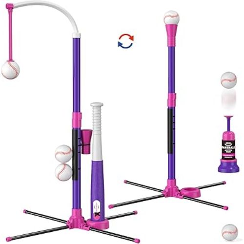 HYES 3 in 1 T Ball Set for Kids 3-5, Kids Baseball with Hanging Tee/Standing Tee/Automatic Launcher/6 Softballs, Adjustable Height Toddler Baseball Sets Indoor Outdoor Sport Gifts Toys for Girls