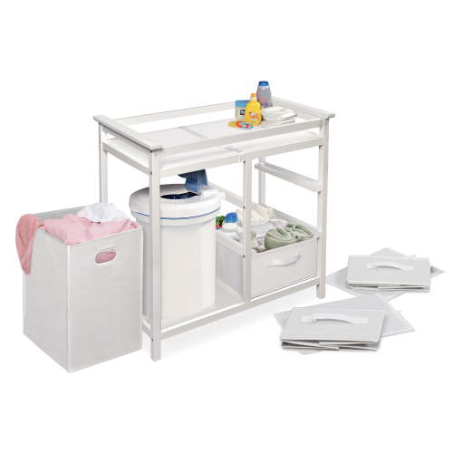 Badger Basket Modern Baby Changing Table with Hamper and 3 Baskets, White, Includes Pad